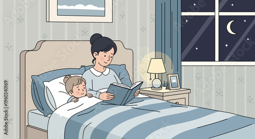 Mother Reads Bedtime Story To Child Under Moonlight Glow