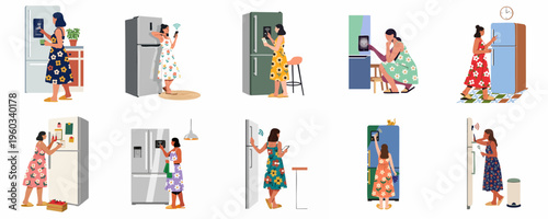 Collection of illustrations featuring women interacting with modern smart refrigerators in various kitchen settings, showcasing smart home technology and daily household routines.