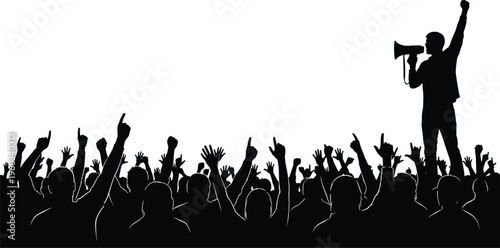 Crowd protest silhouette with speaker holding megaphone, raised fists in demonstration, social movement concept, activism rally illustration isolated for political, freedom and public speech themes