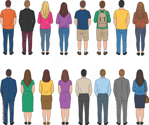 Large set of diverse people from back view in casual and business attire for audience crowd queue and walking group concept flat vector illustration