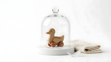 A wooden toy duck sits under a glass dome next to folded cloth