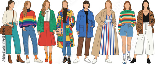 Diverse group of women in vibrant trendy fashion outfits including patchwork coats rainbow sweaters and leopard print cardigans for modern female lifestyle and apparel brand flat vector