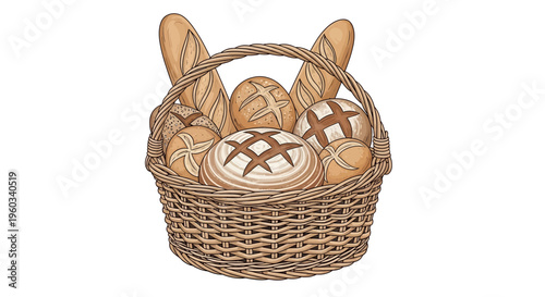 Artisan bread assortment in a woven basket