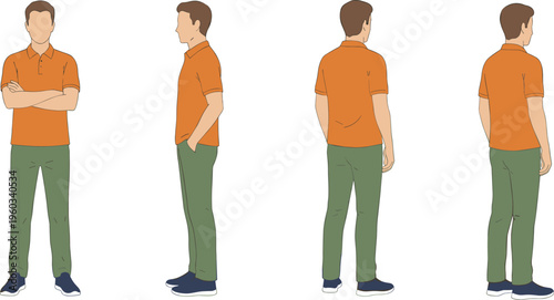 Male character character sheet with front side and back views wearing orange polo shirt and green chinos for user persona storyboard and fashion design flat vector