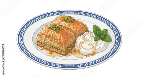 Baklava dessert with ice cream and mint on a decorative plate