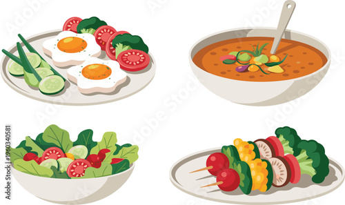 Vector, illustration, of, healthy, meals, including, fried, eggs, with, vegetables, fresh, green, salad, vegetable, skewers, and, a, bowl, of, hot, soup