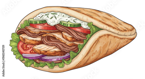 Delicious Gyro Sandwich with Meat, Vegetables, and Sauce