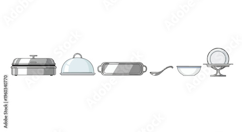 Flat lay of various kitchen serving dishes and utensils on a white background.