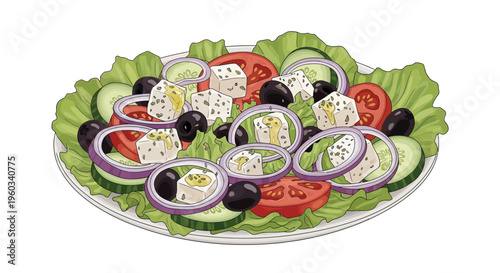 Fresh Greek Salad with Feta Cheese, Olives, Tomatoes, Cucumbers, and Red Onion