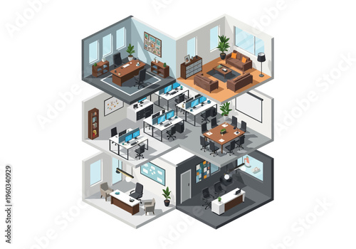 Isometric view of a modern office space with multiple rooms and workstations