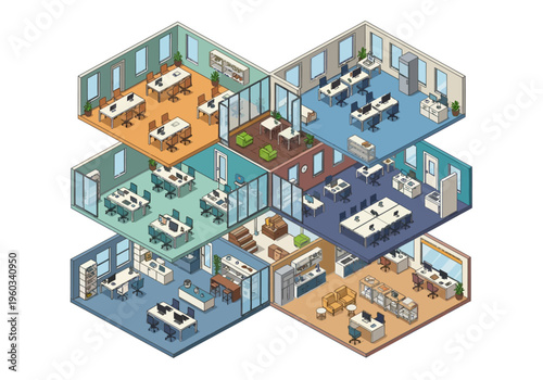 Isometric view of modern office interior with cubicles, meeting rooms, and workstations