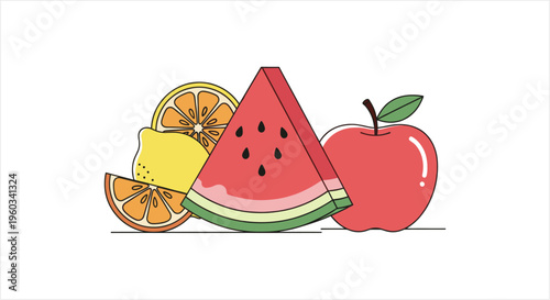 Vibrant and Fresh Fruit Assortment with Watermelon, Apple, and Orange Slices.