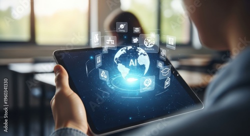 Person using tablet with AI and global network interface in classroom