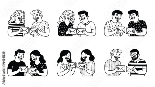 Happy People Pairs Sharing Envelopes. Hand-drawn Communication and Message Exchange Concept Vector Set.