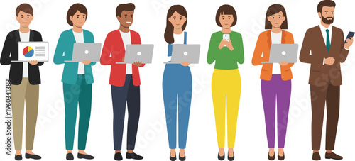 Diverse business professionals and analysts holding laptops with data charts and using smartphones for digital presentation analytics and modern corporate communication flat vector