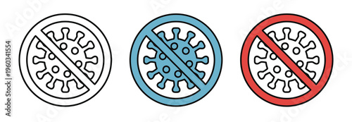 No-virus icon collection, three symbols representing virus prevention or prohibition, clean vector set suitable for public health, awareness campaigns, and digital applications.
