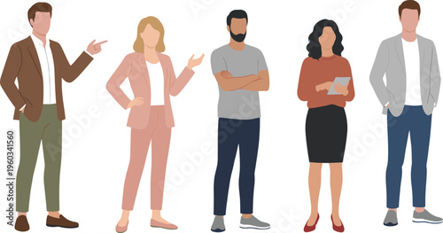 Diverse business professionals in smart casual attire with pointing and presenting gestures for interactive web design corporate leadership and startup marketing vector