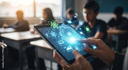 Student's hand interacting with futuristic AI interface on tablet in a classroom setting