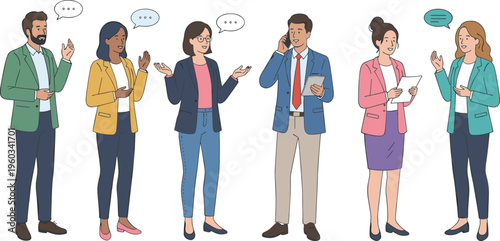 Diverse business professionals engaged in conversation using smartphones and tablets for modern office communication and collaborative team workflow vector illustration