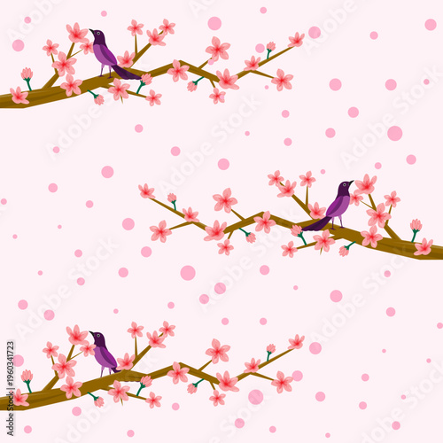 Spring Seamless Floral Pattern with Pink Flowers and Birds