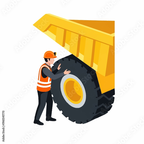 Worker changing giant tire on heavy mining dump truck.