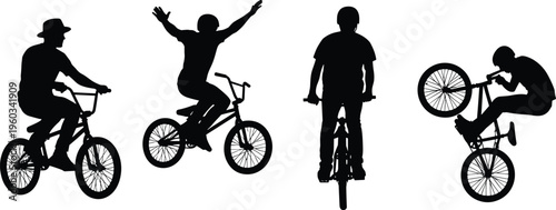 BMX rider silhouette sequence performing jumps, tricks and wheelie stunts on bicycle isolated on white background, extreme sport cycling and freestyle action concept illustration