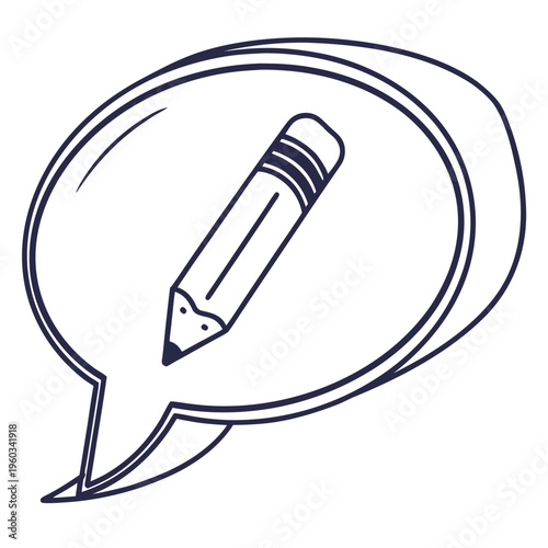 Pencil icon inside a three dimensional speech bubble representing creative workspace and digital editing tools for professional design and blogging