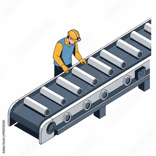 Worker inspecting products on a conveyor belt in a factory.