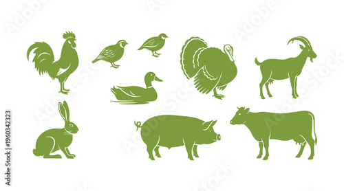 Check out this colorful farm animal icon collection showcasing a rooster, quail, turkey, goat, duck, hare, pig, and cow, all set on a beige background.
