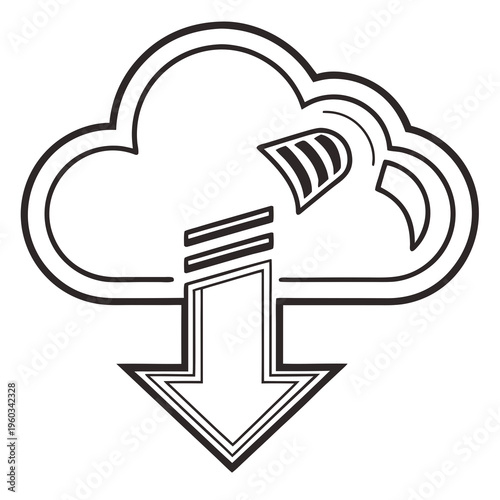 Cloud shape with integrated download arrow and signal lines representing wireless data transmission and remote file access for modern web services