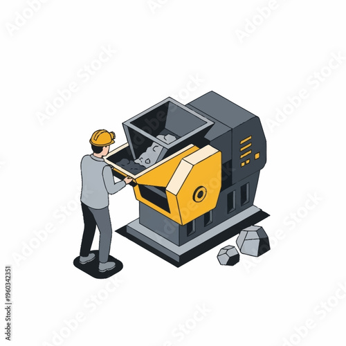 Worker operating a rock crushing machine in an industrial setting.