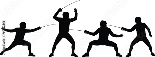 Fencing athlete silhouette sequence showing sword attack, defense and lunge movements isolated on white background, combat sport training and agility technique concept illustration