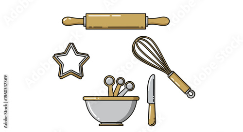 Flat lay of baking utensils and tools including a rolling pin, whisk, knife, bowl, and cookie cutter on a clean white background with a warm color palette.