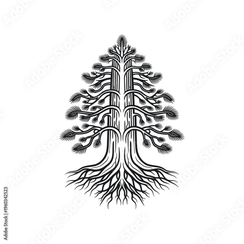 Stylized Pine Tree with Deep Roots - Black and White Vector Illustration
