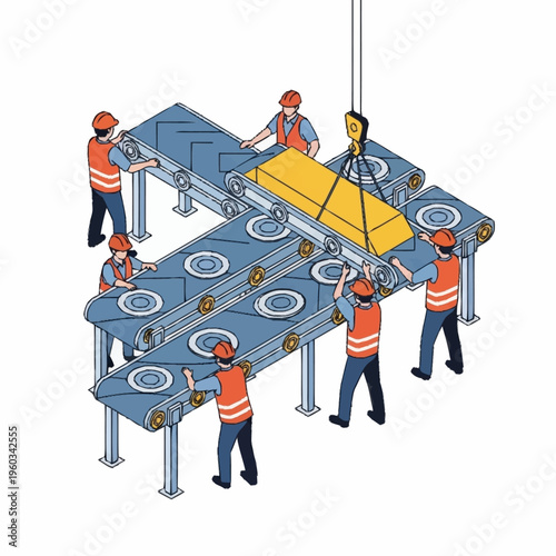 Workers assembling a conveyor belt system in an industrial setting.