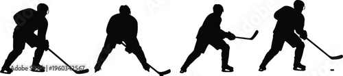 Ice hockey player silhouette sequence showing puck control, skating and shooting action isolated on white background, winter sport training and competitive game concept