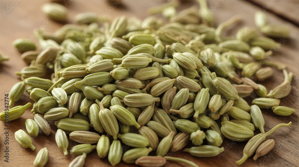 Obraz premium Pile of green cardamom pods on wooden surface
