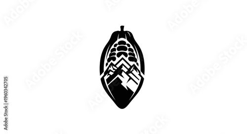 Abstract Cocoa Pod with Mountain Landscape Silhouette