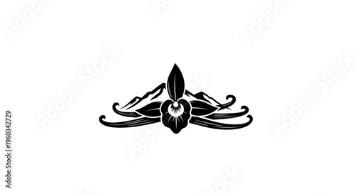Orchid flower and vanilla pods decorative element, black and white emblem