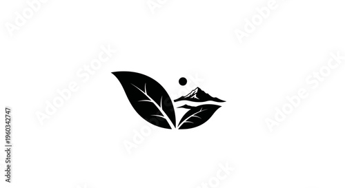 Nature logo with mountain and leaves, eco-friendly concept