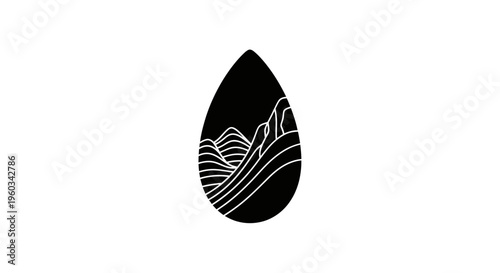 Abstract black teardrop shape with white mountain landscape inside