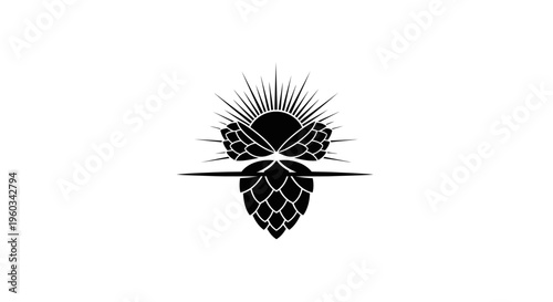 Black hop cone with sunburst logo, minimalist design for craft beer, brewing, organic products