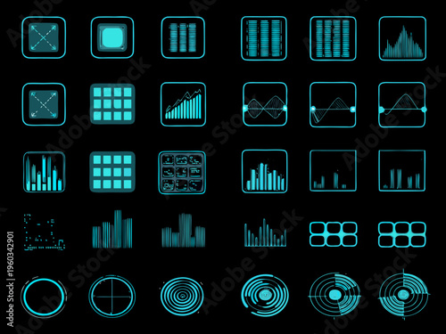 Collection of futuristic glowing cyan data and graphic user interface icons