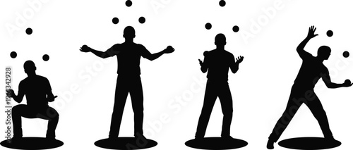 Juggling performer silhouette sequence showing ball juggling tricks and hand coordination isolated on white background, entertainment performance, circus skill and practice concept illustration