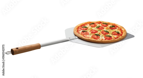 A pizza with toppings on a metal pizza peel with a wooden handle against a white background.