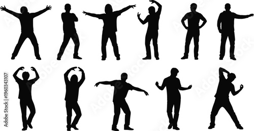 Male silhouette collection showing various dancing poses, gestures and expressive body movements isolated on white background, human motion set for design, animation and character reference