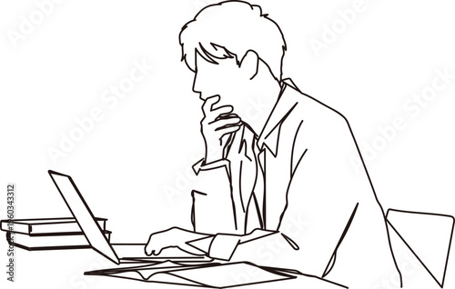パソコンの前で悩む男性の線画イラスト素材