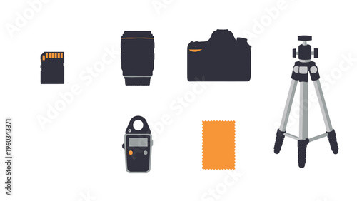 Essential Photography Equipment Kit: Camera, Lens, Tripod, Light Meter, SD Card, and Reflector for Professional Photographers