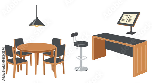 Flat lay illustration of a furnished office space with a wooden desk, table, chairs, and lighting fixtures against a clean white background.