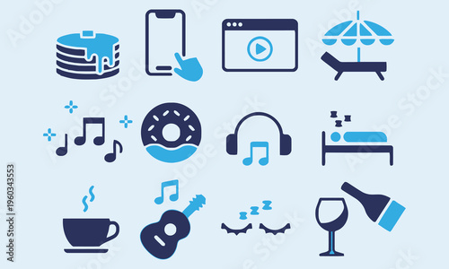 Vector Icons Representing Leisure Activities and Entertainment